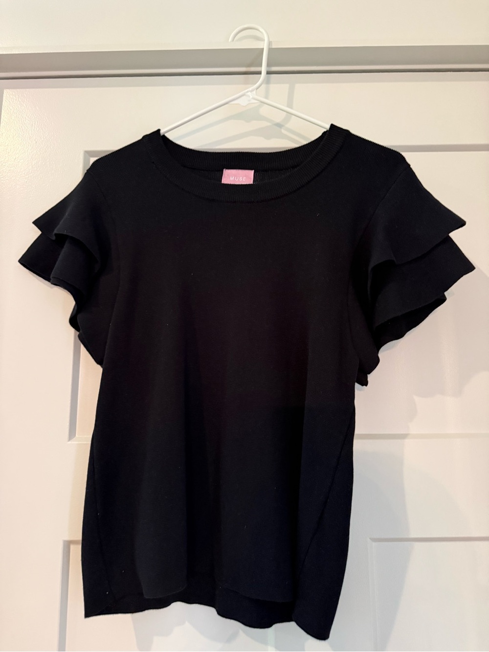 Muse Black Ruffle Short Sleeve Knit Top size XL